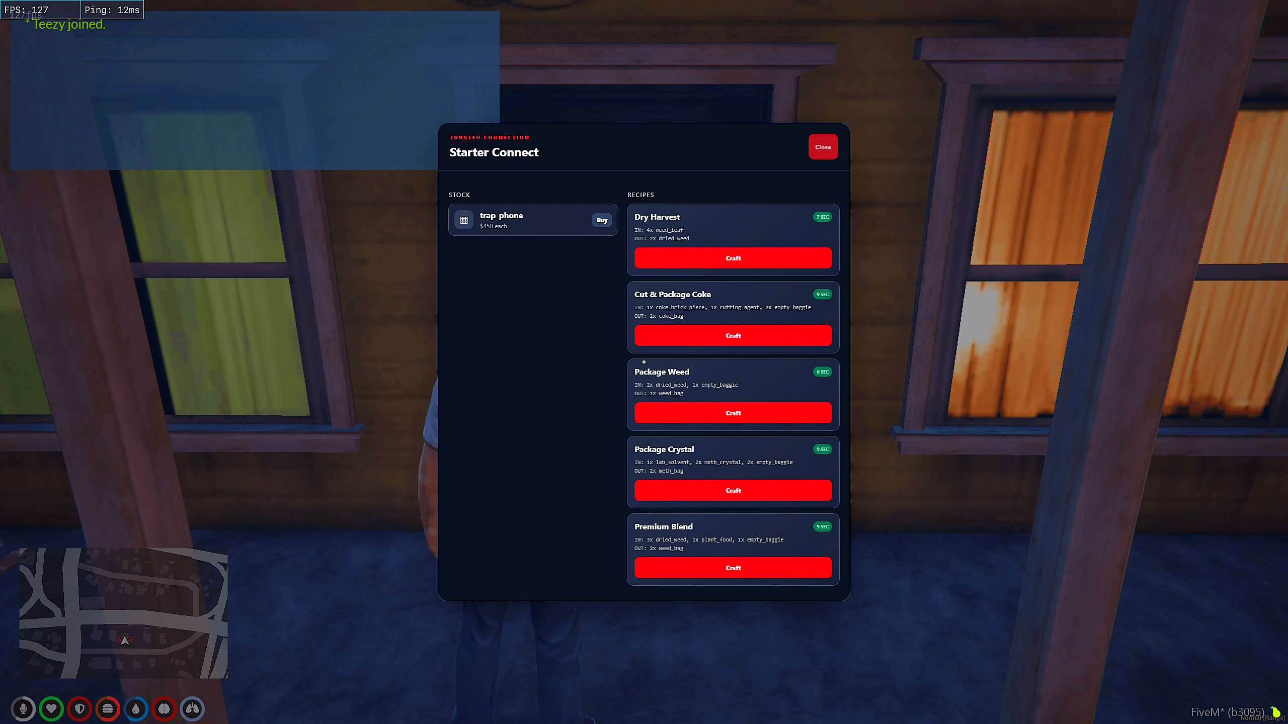 The Starter Connect supplier screen, with a stock column offering a trap phone at $450 and a recipe column listing five recipes, each showing its inputs, its outputs and how many seconds the craft takes, above a Craft button.