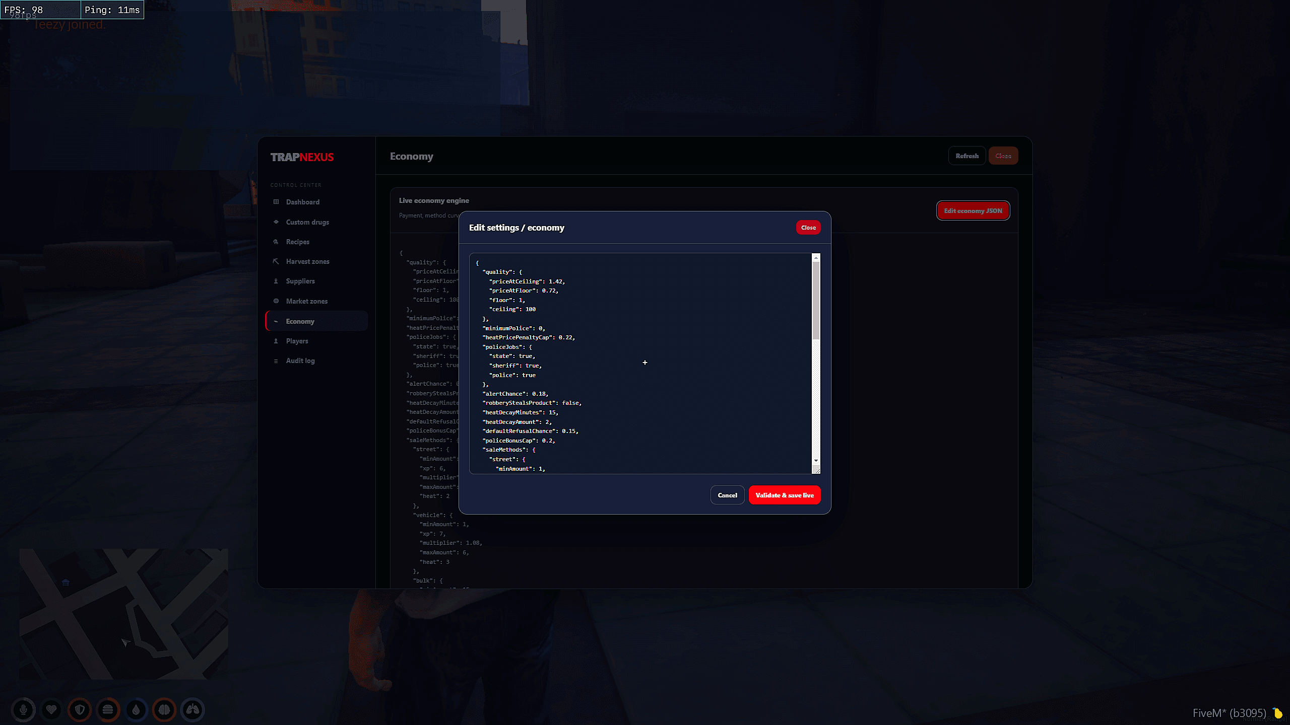 The economy settings editor open over the admin console, showing the live economy configuration as JSON, including the quality price curve, police jobs, alert chance, heat decay and per-method sale settings, with Cancel and Validate and save live buttons beneath it.