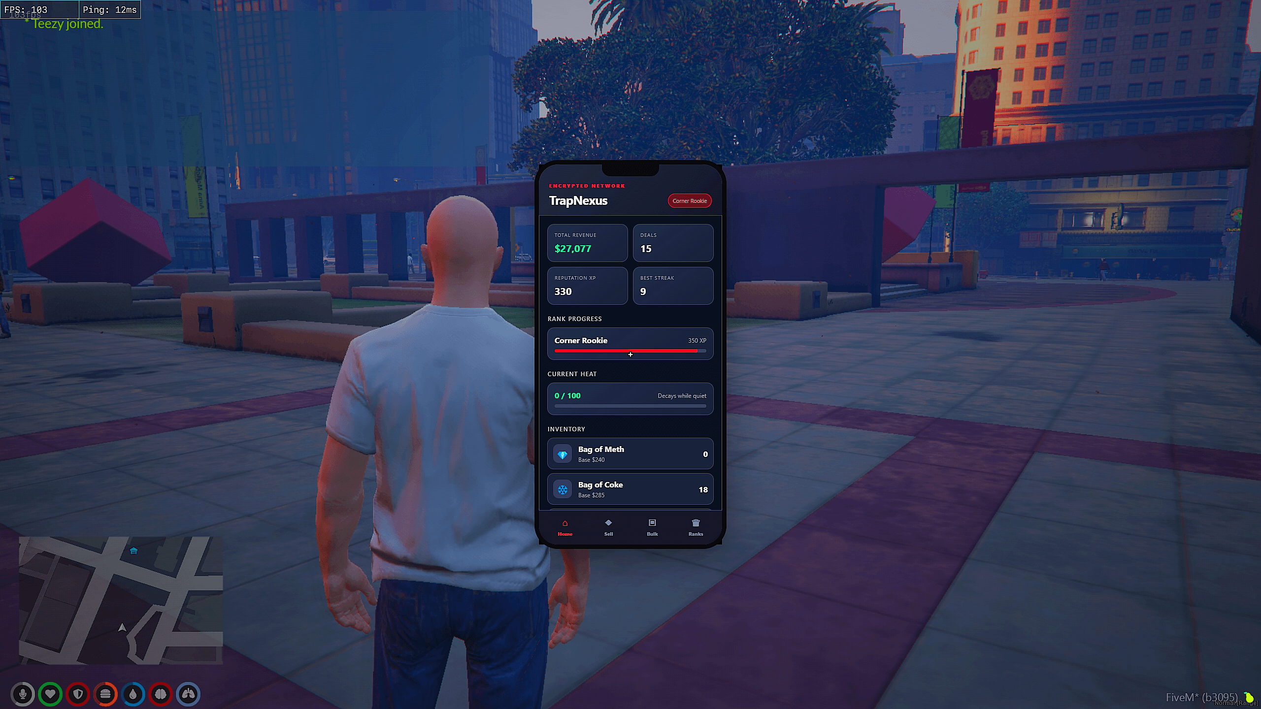 The TrapNexus phone open on its home screen, showing total revenue of $27,077 across 15 deals, 330 reputation experience, a best streak of 9, progress through the Corner Rookie rank, a heat meter reading 0 of 100, and an inventory list of meth and coke bags with their base prices.